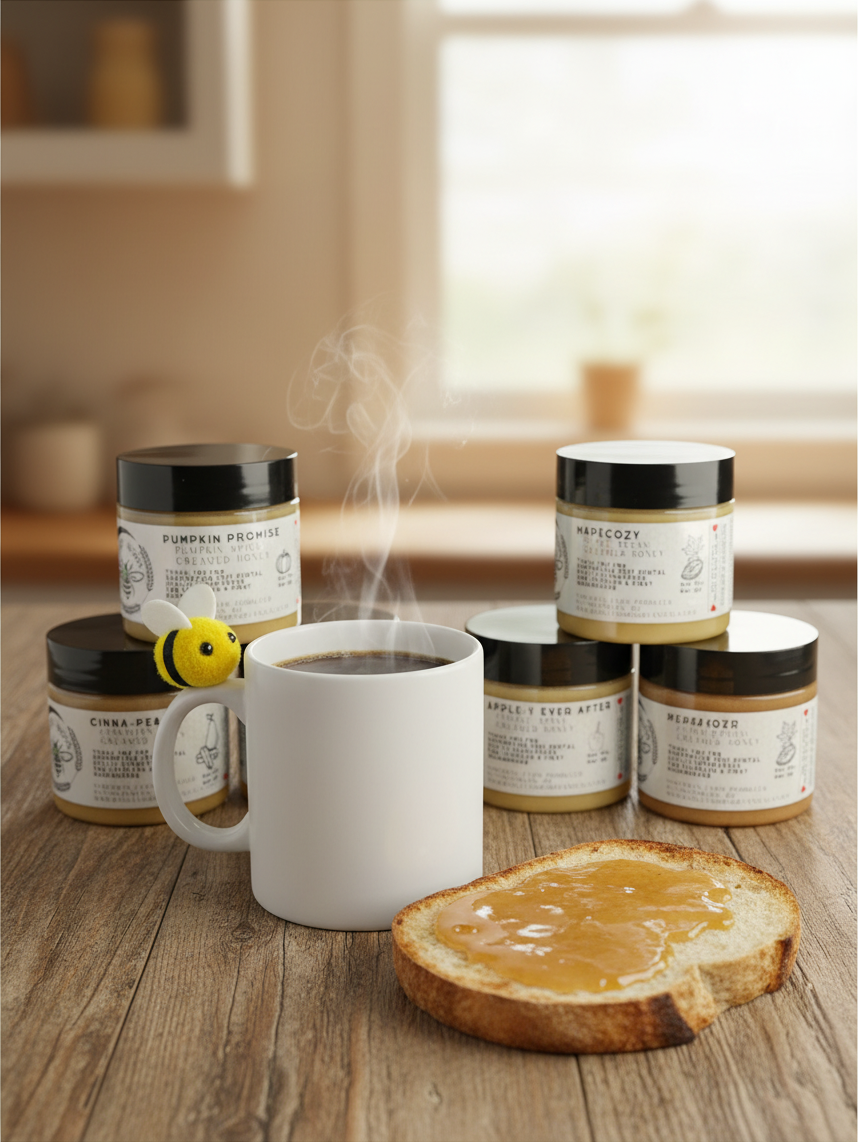 Barley Moon Botanicals Autumn Indulgence creamed honey flight with five jars, steaming coffee, and honeyed toast.