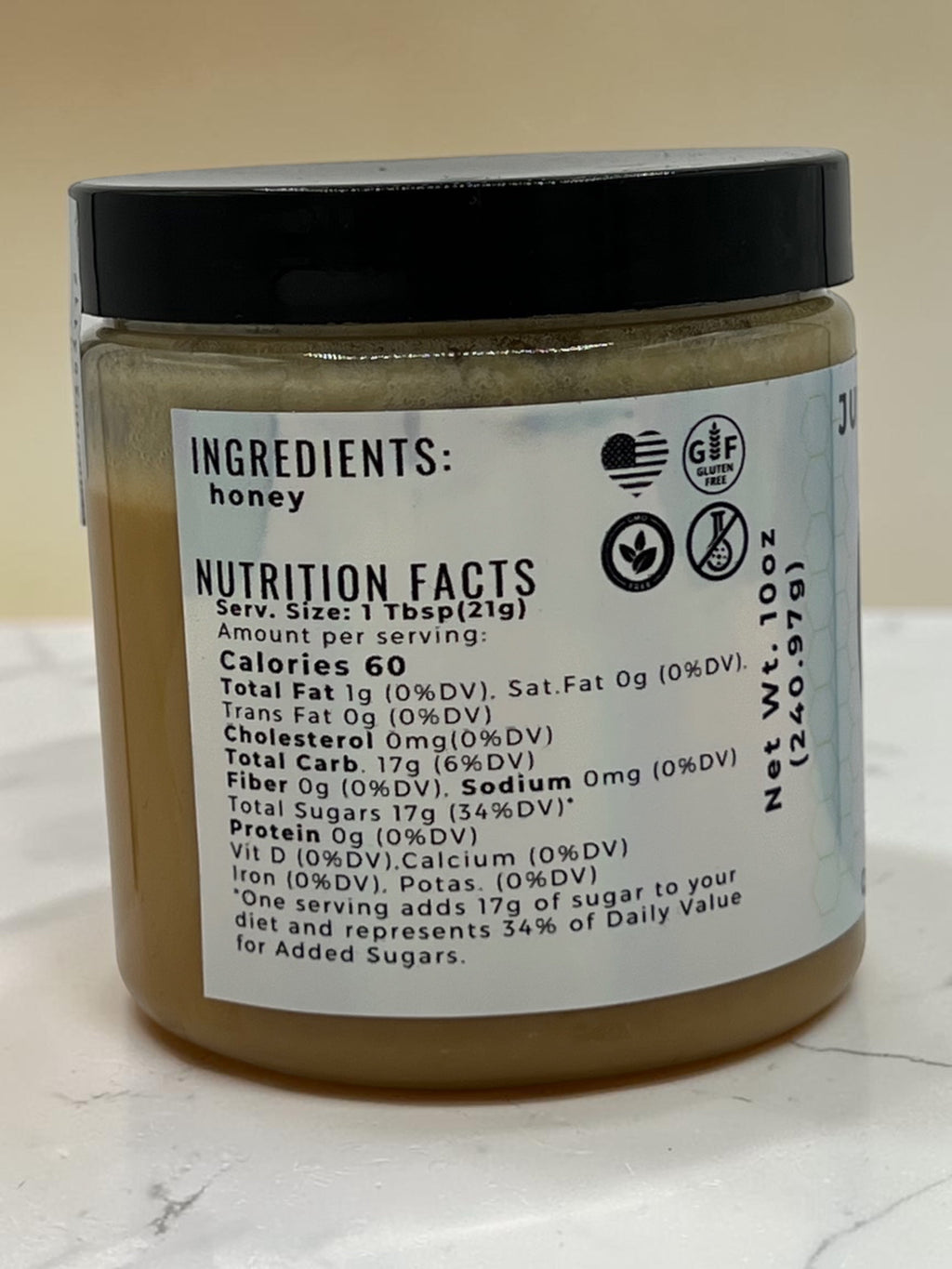 Barley Moon Botanicals Just Creamy original creamed honey jar showing nutrition facts and ingredient label