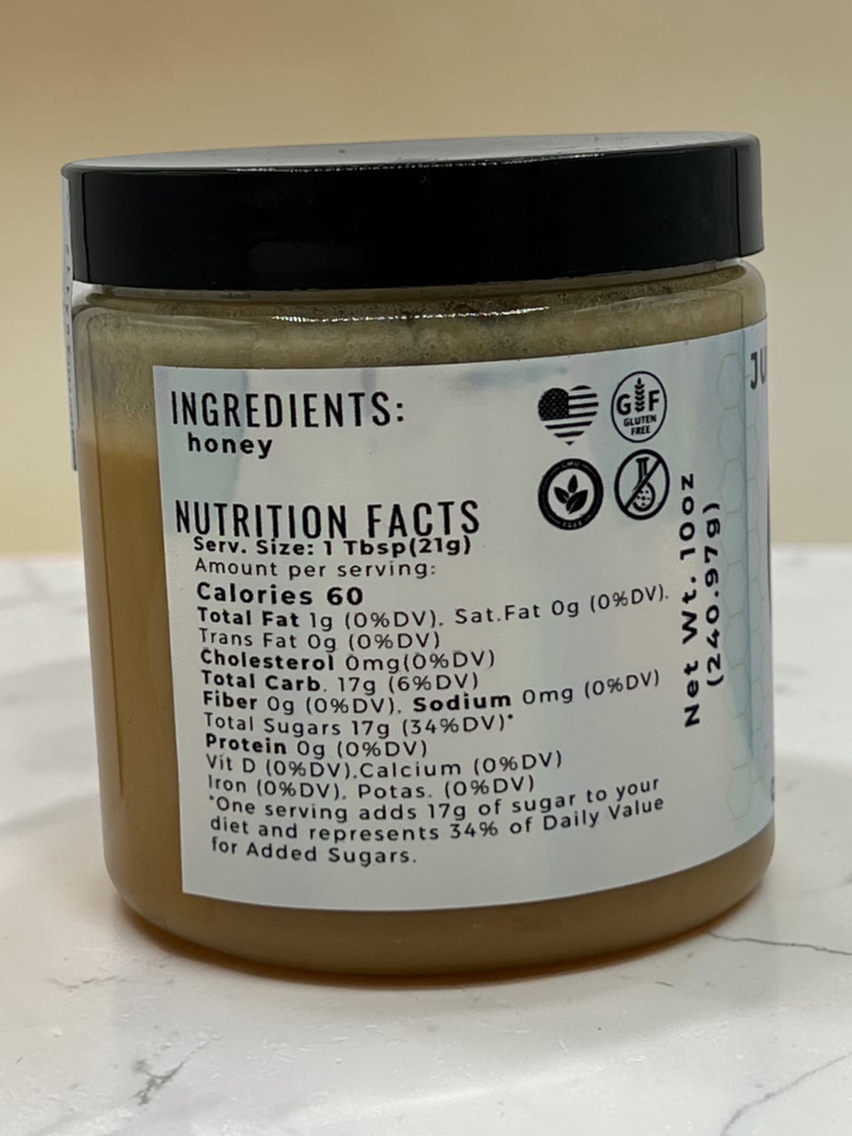 Barley Moon Botanicals Just Creamy original creamed honey jar showing nutrition facts and ingredient label
