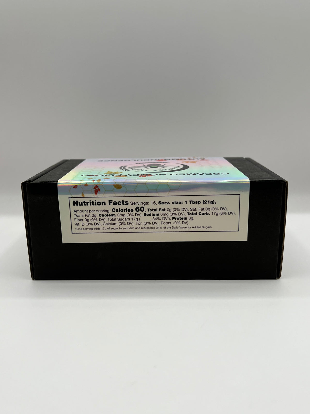 Barley Moon Botanicals Autumn Indulgence creamed honey flight box showing the nutrition facts label on the side