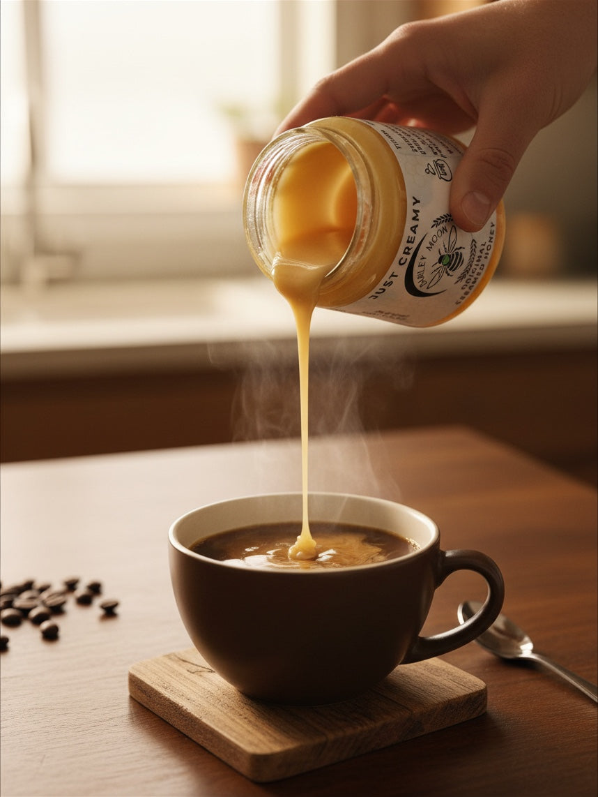 Barley Moon Botanicals Just Creamy original creamed honey being poured from a glass jar into a steaming cup of coffee