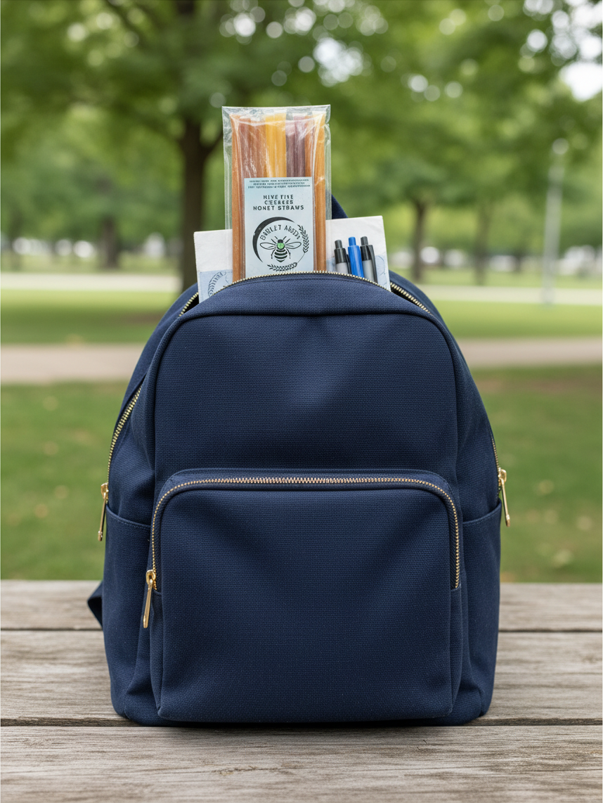Barley Moon Botanicals Hive Five creamed honey straws in a navy blue backpack on a wooden table in a park