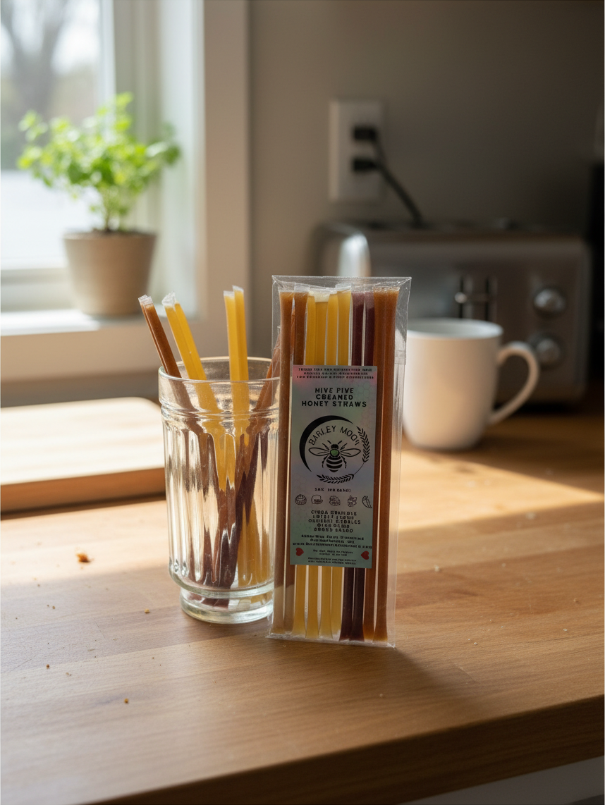 Barley Moon Botanicals Hive Five creamed honey straws in a clear pack and glass on a wooden kitchen counter.