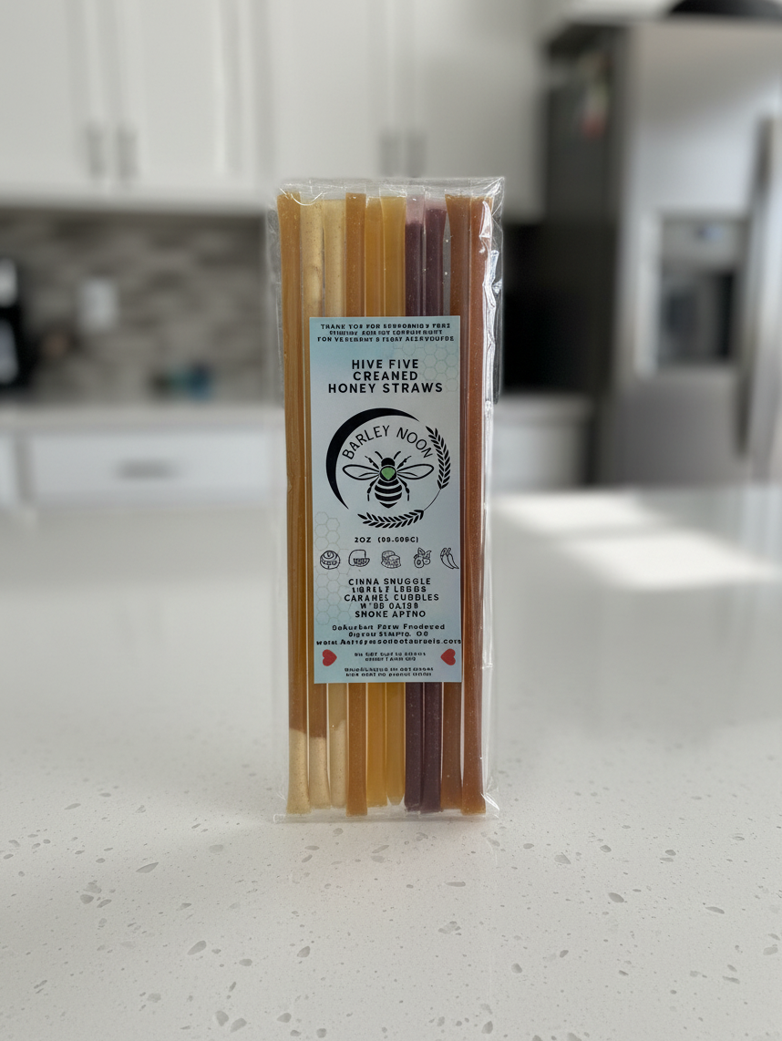Barley Moon Botanicals Hive Five creamed honey straws in a clear plastic pack featuring five assorted flavors.