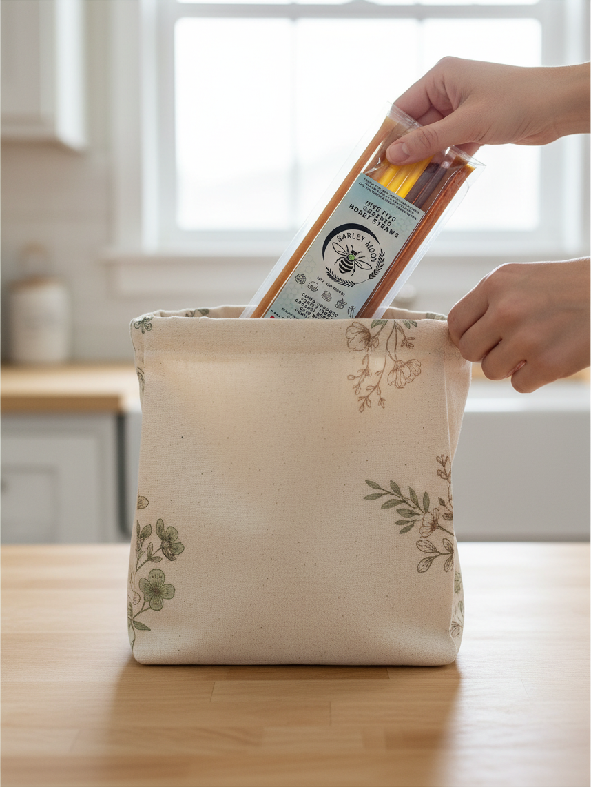 Barley Moon Botanicals Hive Five creamed honey straws being placed into a floral canvas pouch on a wooden table.