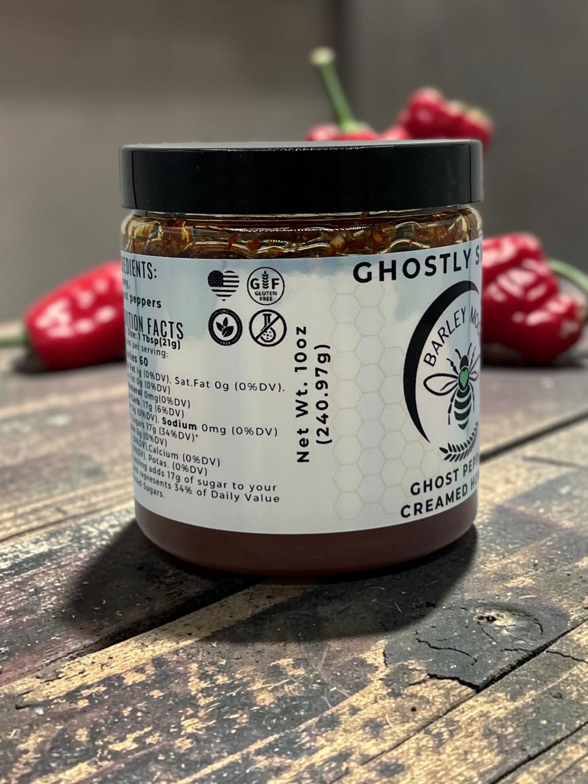 Barley Moon Botanicals Ghostly Sweet ghost pepper infused honey jar showing nutrition label and ingredients