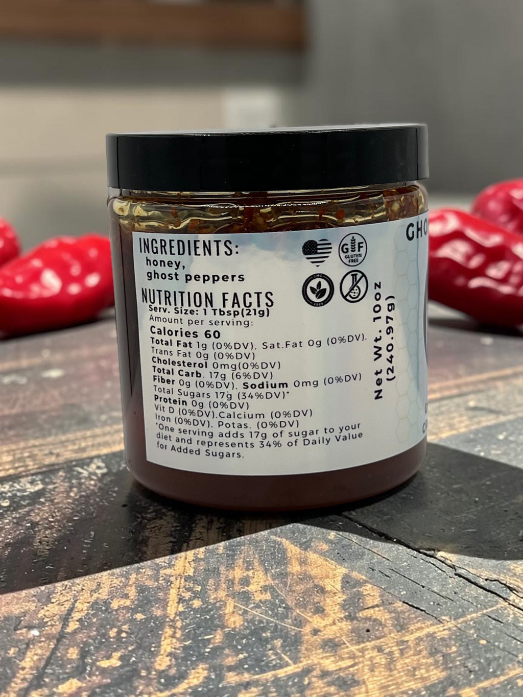 Barley Moon Botanicals Ghostly Sweet ghost pepper honey jar showing nutrition facts and ingredients label