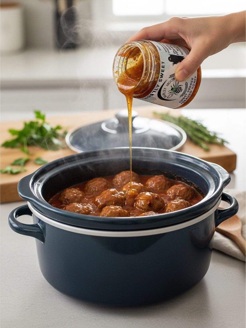 Barley Moon Botanicals Ghostly Sweet ghost pepper honey being drizzled over a pot of savory meatballs in a kitchen