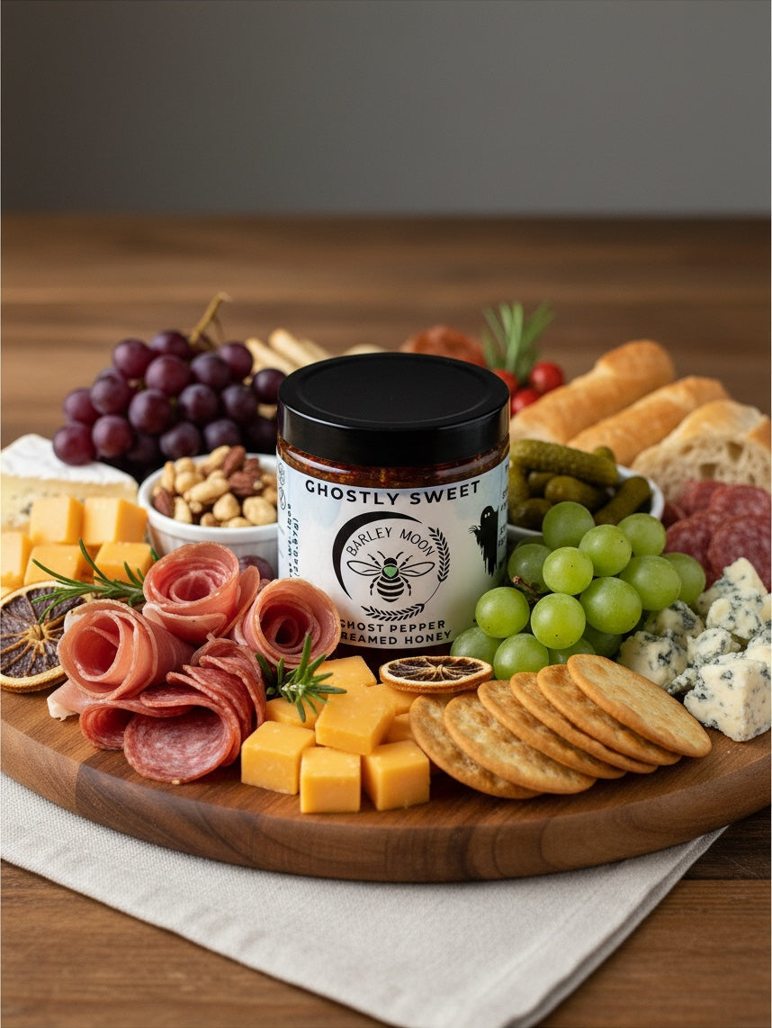Barley Moon Botanicals Ghostly Sweet ghost pepper honey jar centered on a wooden charcuterie board with snacks.