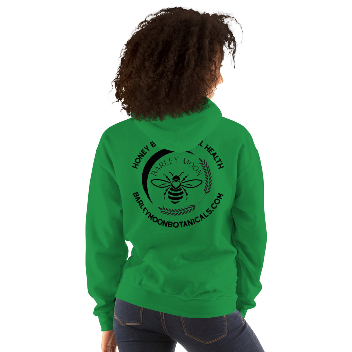 Barley Moon Botanicals green unisex hoodie featuring a black bee and crescent moon logo on the back