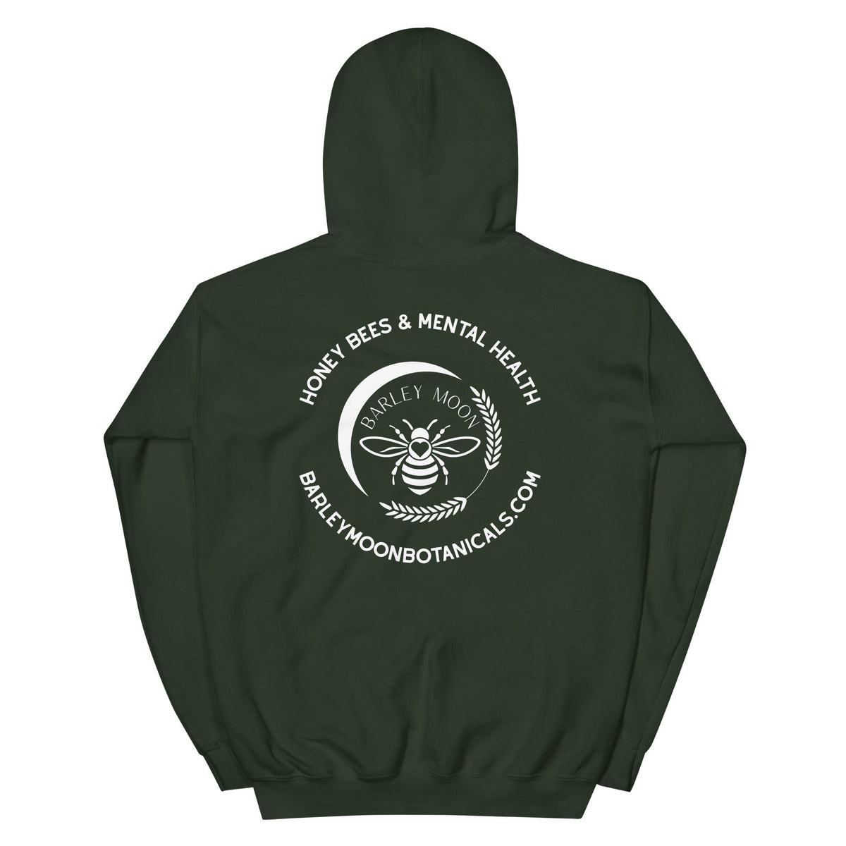 Back view of a dark green Barley Moon Botanicals unisex hoodie featuring a white bee and crescent moon logo graphic.
