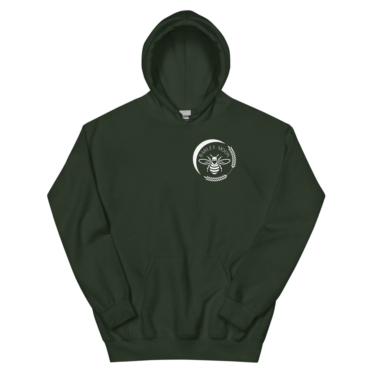 Barley Moon Botanicals unisex hoodie in dark green with a white bee and crescent moon logo on the chest.
