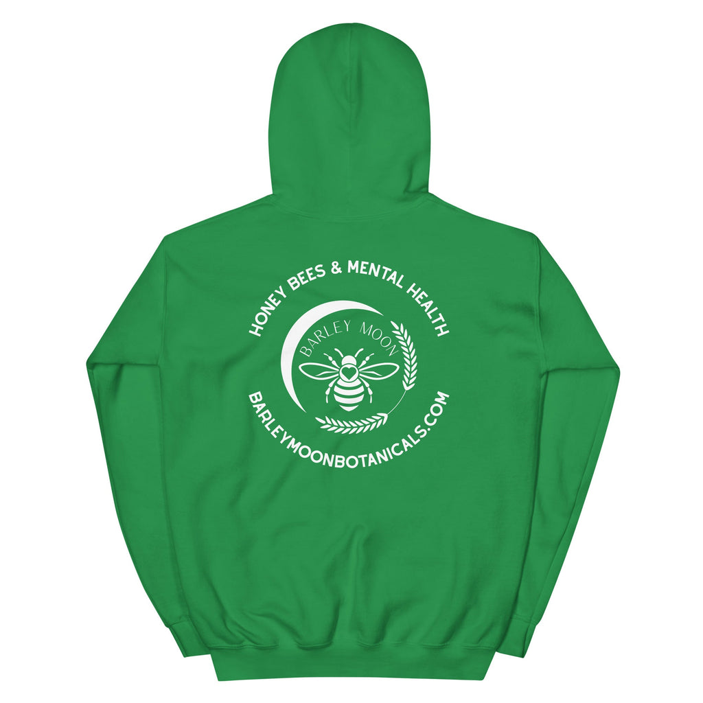 Barley Moon Botanicals green unisex hoodie featuring a white bee and crescent moon logo on the back.