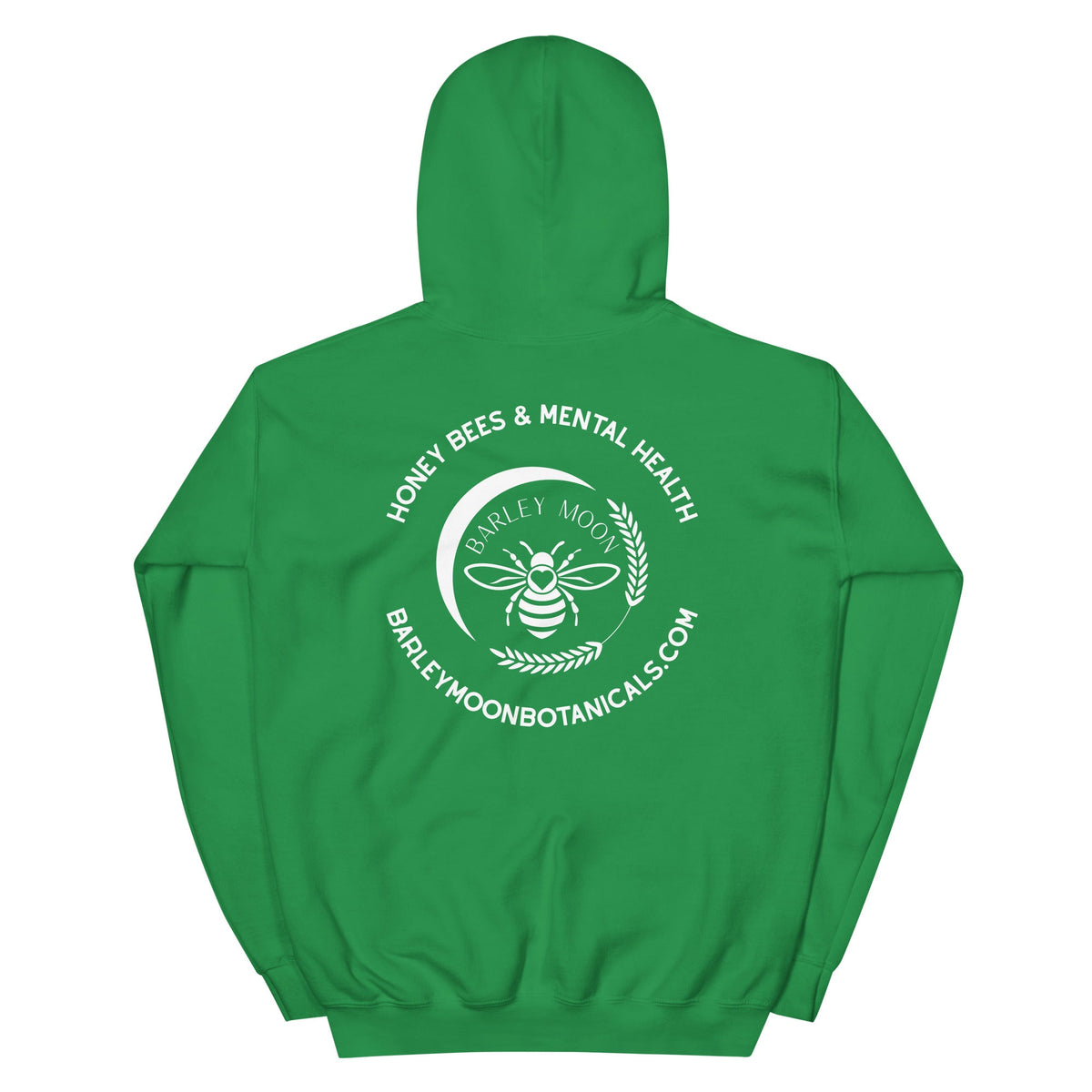 Barley Moon Botanicals green unisex hoodie featuring a white bee and crescent moon logo on the back.
