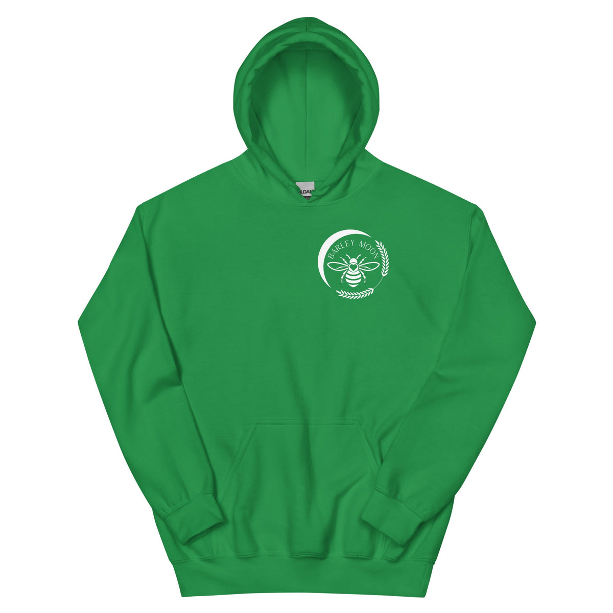 Barley Moon Botanicals green unisex hoodie with a white bee and crescent moon logo on the left chest