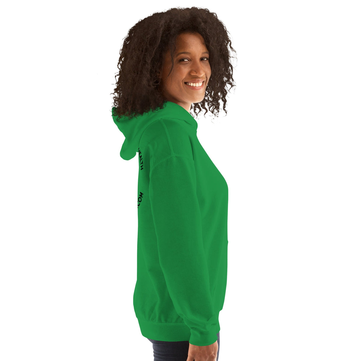 A woman wearing a bright green Barley Moon Botanicals unisex hoodie with text printed on the sleeve, side profile.