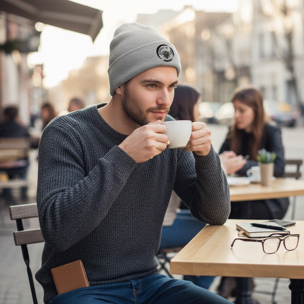 A man wearing a grey Barley Moon Botanicals cuffed beanie with a bee and moon logo while drinking coffee at a cafe.