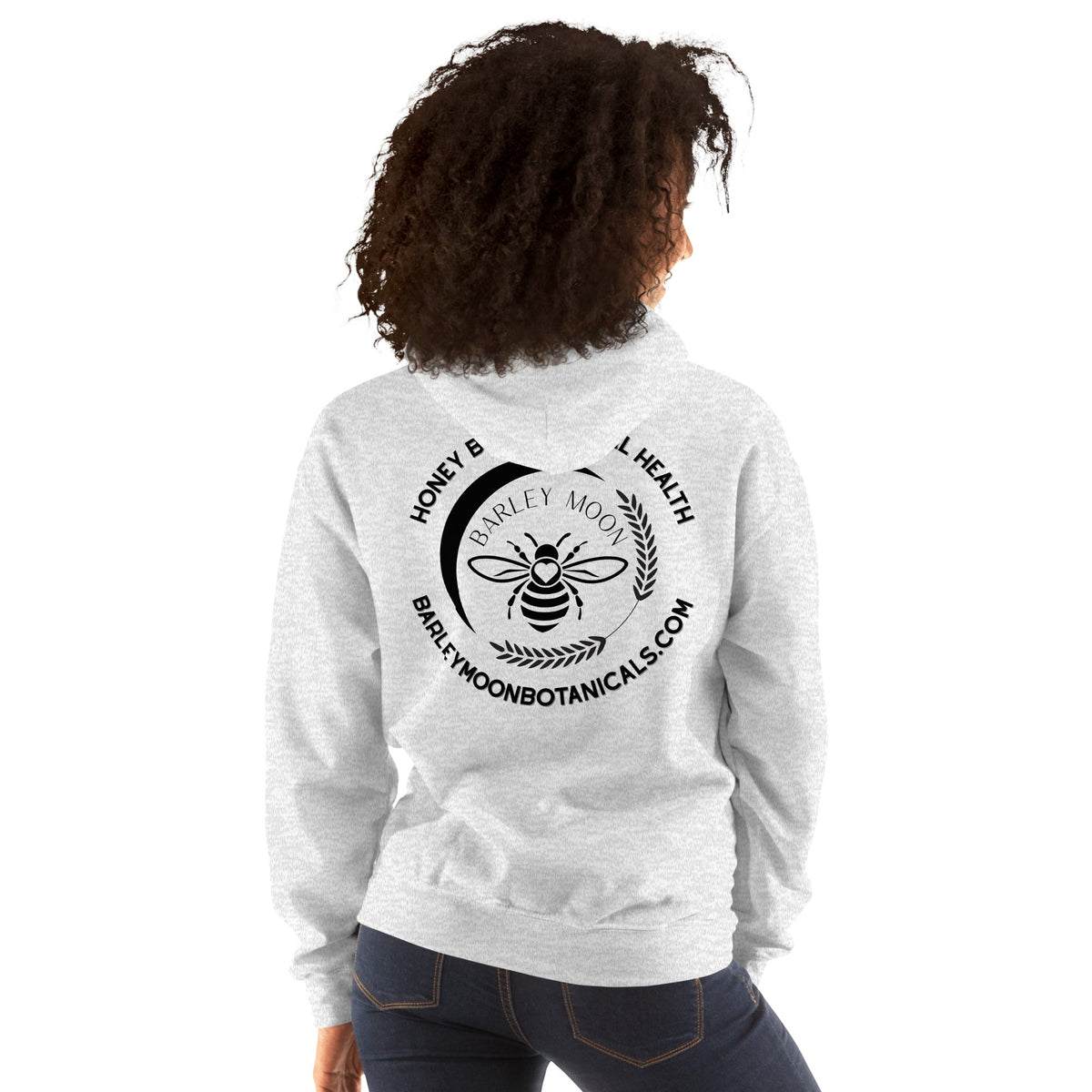Barley Moon Botanicals unisex hoodie in heather grey featuring a black bee and crescent moon logo on the back