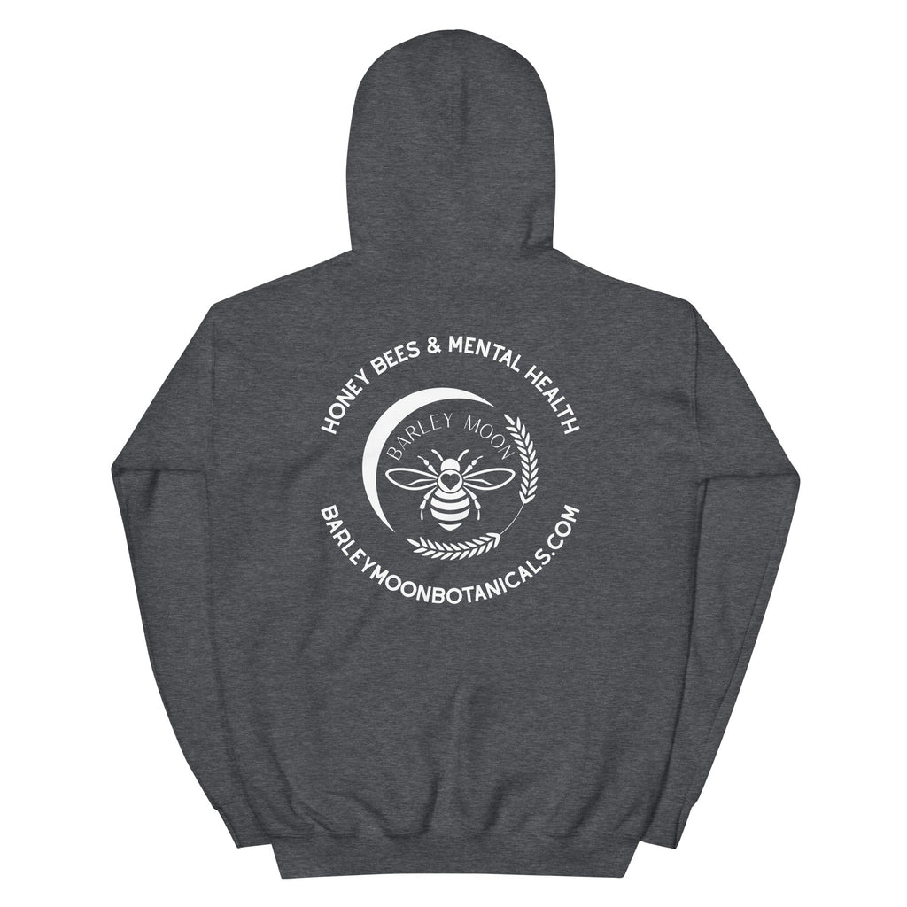 Barley Moon Botanicals charcoal grey unisex hoodie featuring a white bee and crescent moon logo on the back.