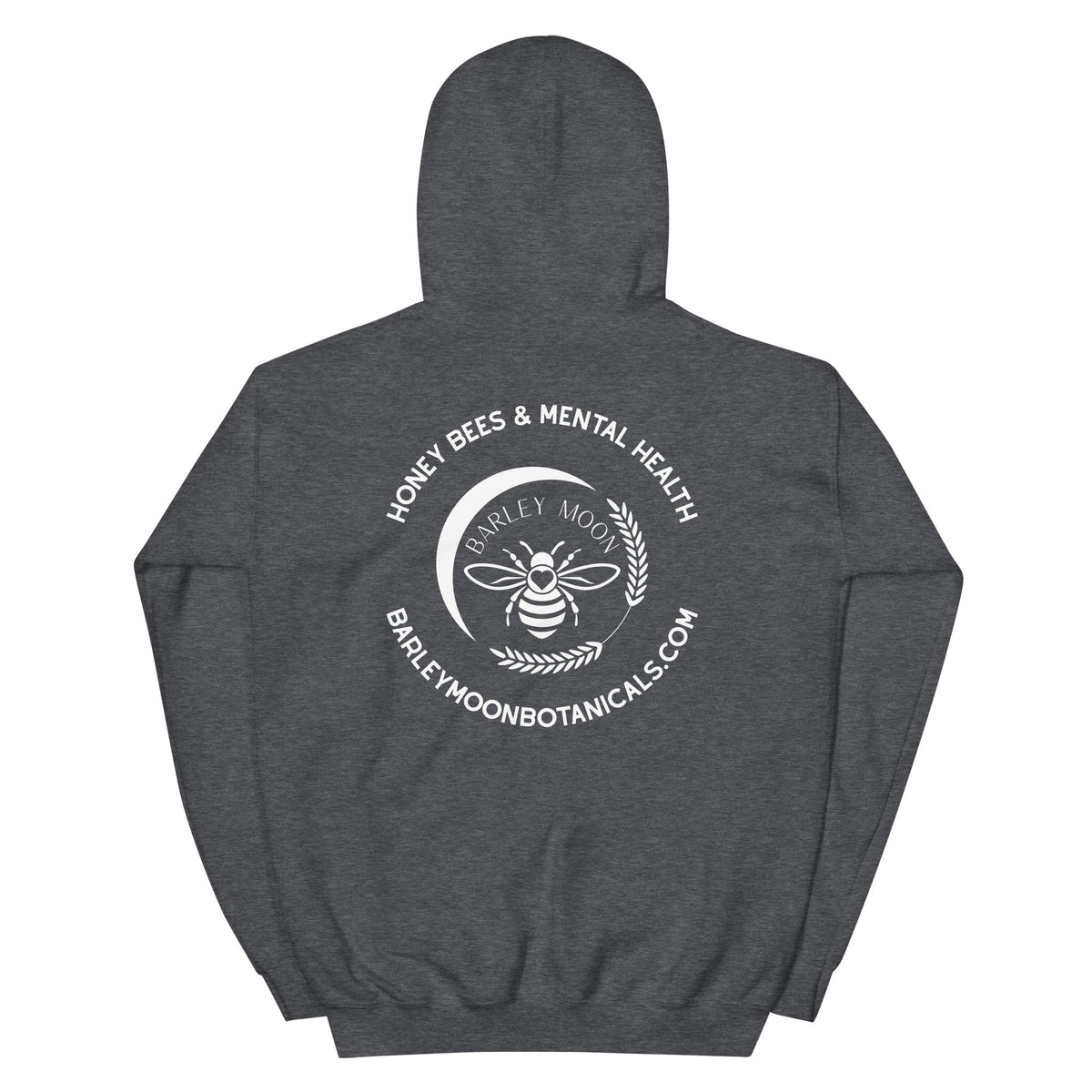 Barley Moon Botanicals charcoal grey unisex hoodie featuring a white bee and crescent moon logo on the back.