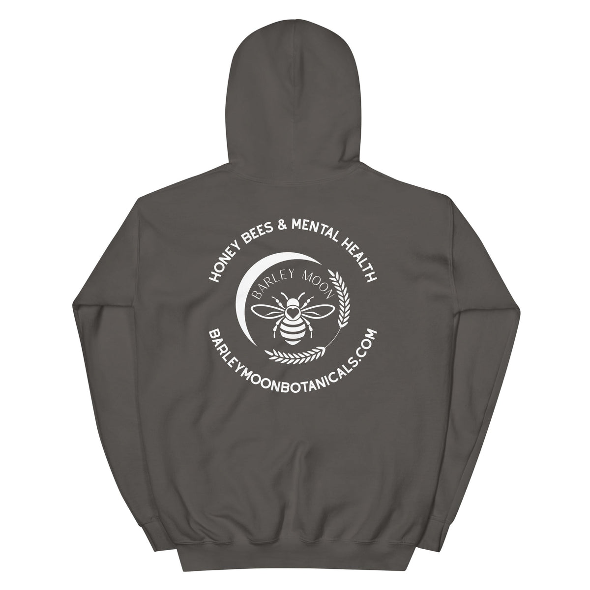 Back view of a dark grey Barley Moon Botanicals unisex hoodie featuring a white bee and crescent moon logo graphic.