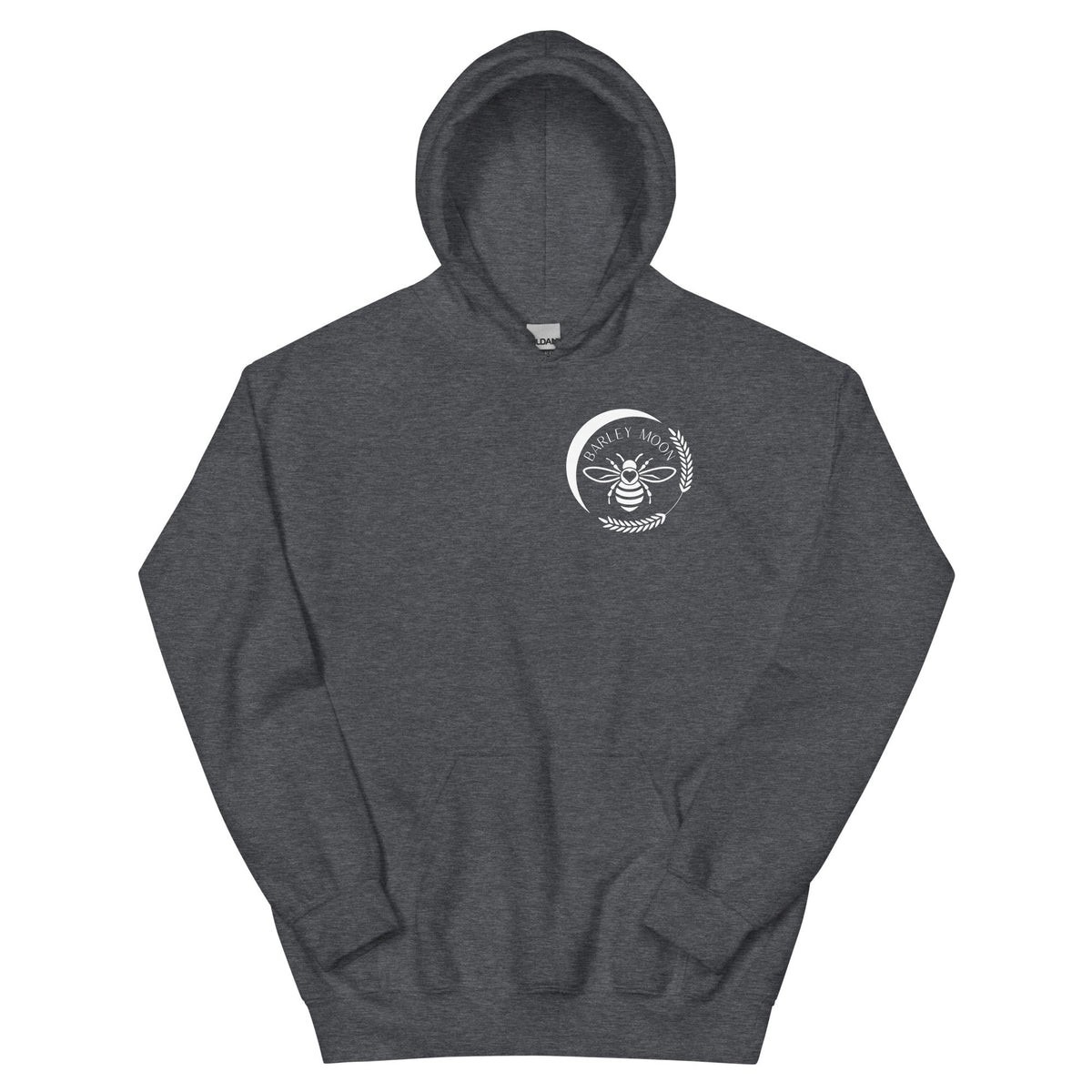 Barley Moon Botanicals unisex hoodie in dark grey heather with a white bee and crescent moon logo on the chest.