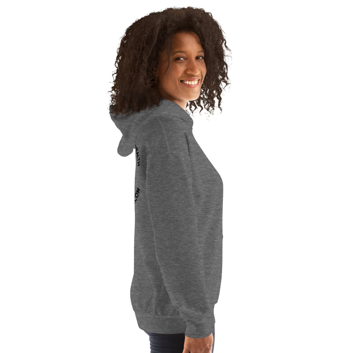 Barley Moon Botanicals unisex grey heather hoodie worn by a smiling woman, side profile view