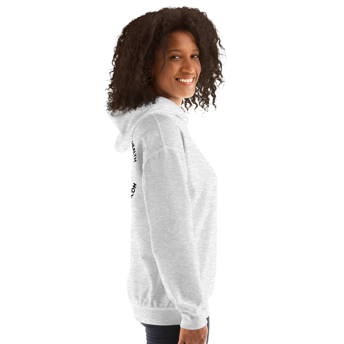 Barley Moon Botanicals unisex hoodie in light grey, featuring a side view of a smiling woman wearing the cozy top.