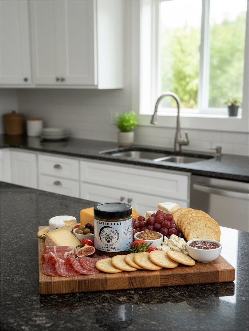 Barley Moon Botanicals Heated Hugs Habanero Honey jar on a charcuterie board with cheese, meats, grapes, and crackers.