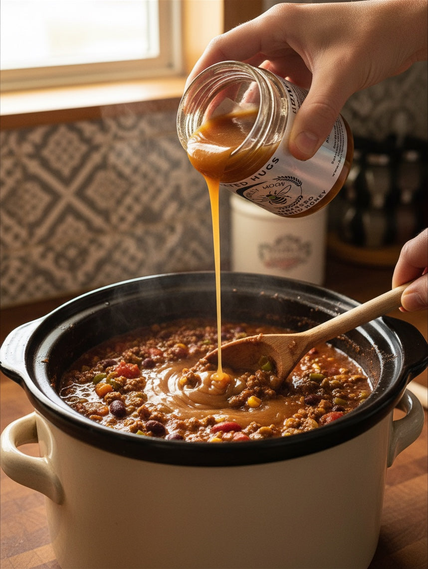 Barley Moon Botanicals Habanero Honey being drizzled from a glass jar into a steaming pot of chili with a wooden spoon.