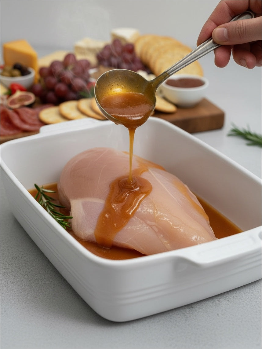 Barley Moon Botanicals Habanero Honey drizzled over raw chicken breast in a white ceramic baking dish with charcuterie