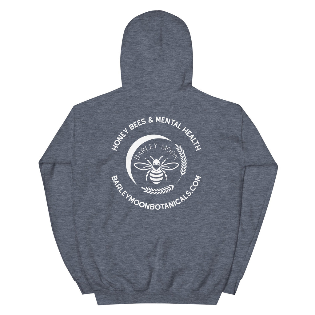 Barley Moon Botanicals unisex hoodie in heather navy featuring a white bee and crescent moon mental health graphic.