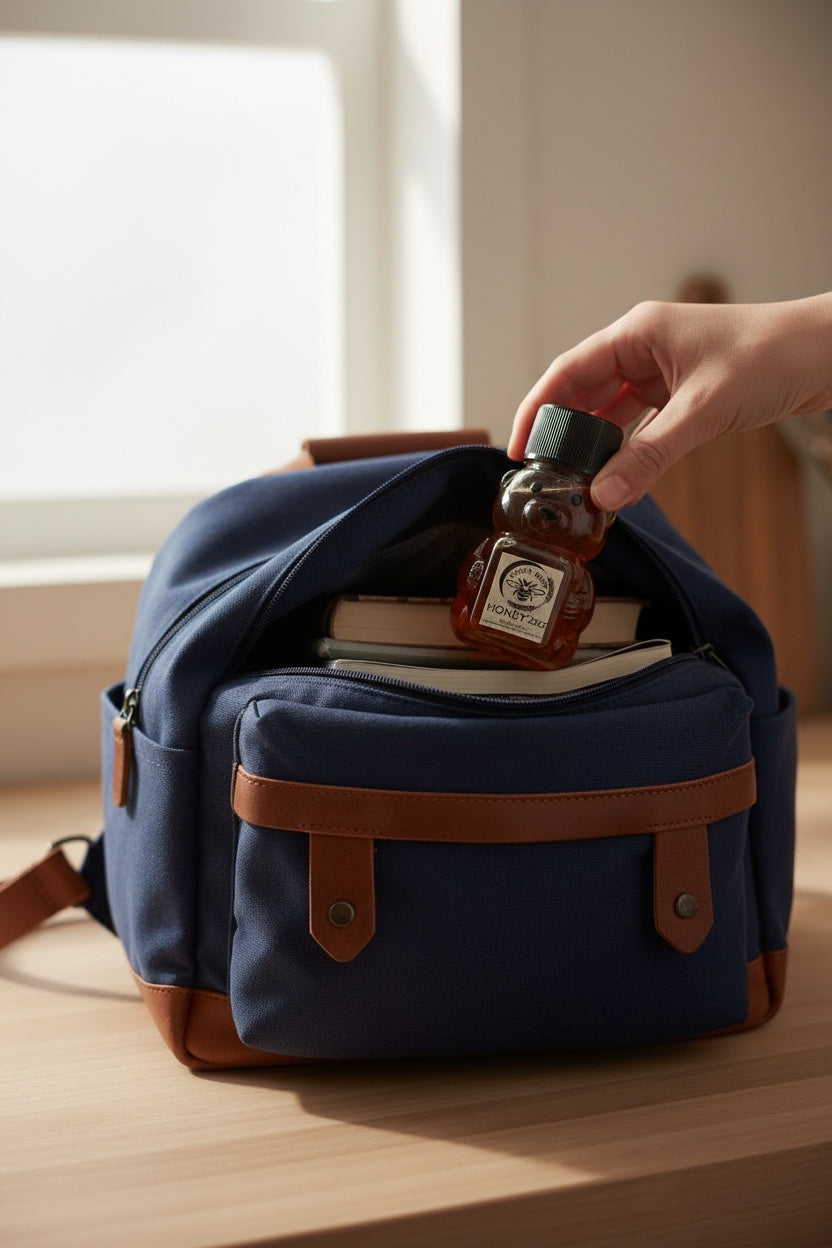 Barley Moon Botanicals 2oz pure raw honey bear being placed into a navy blue canvas backpack with brown leather trim.