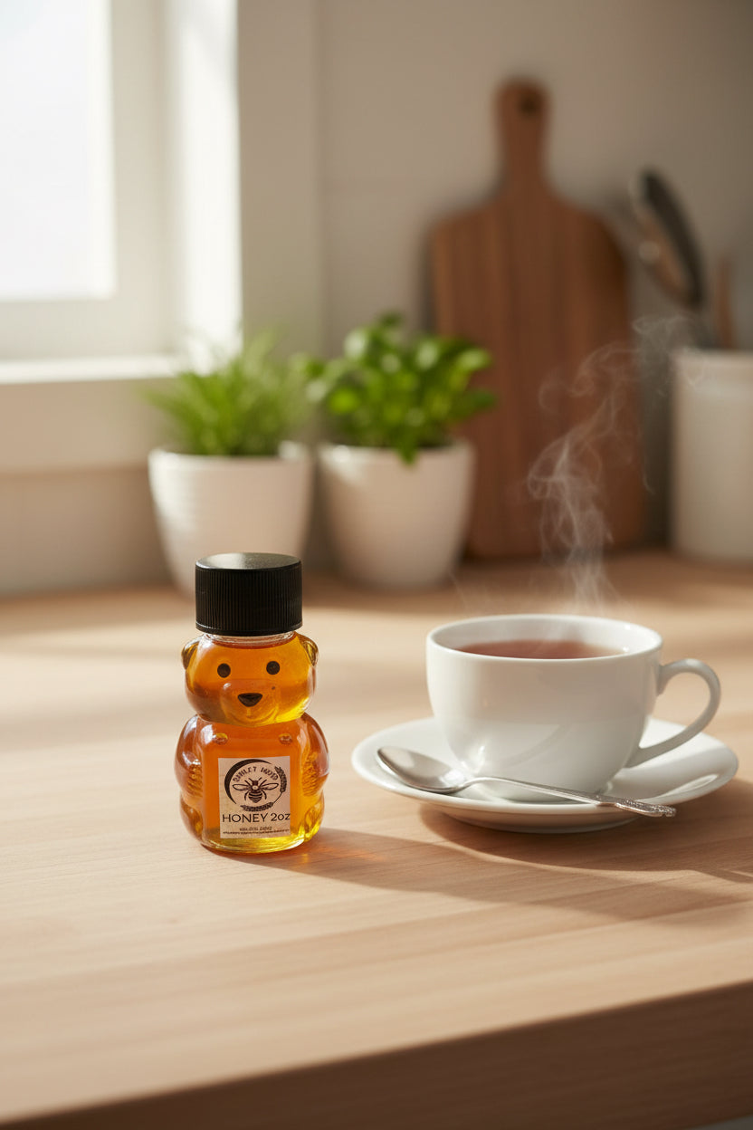 Barley Moon Botanicals 2oz bear-shaped bottle of raw, golden honey sitting on a wooden kitchen counter next to tea.