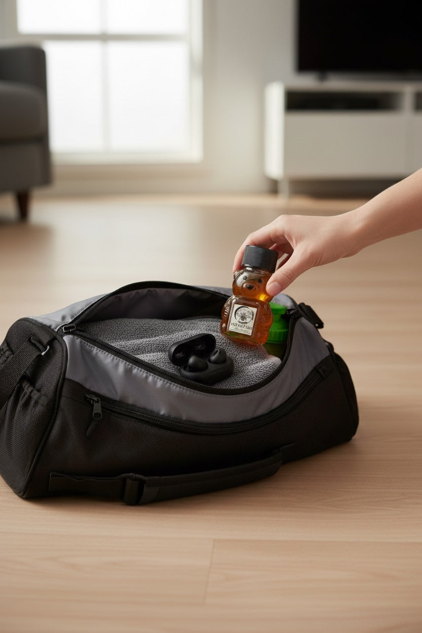 Barley Moon Botanicals 2oz raw honey bear being placed into a black gym bag for travel