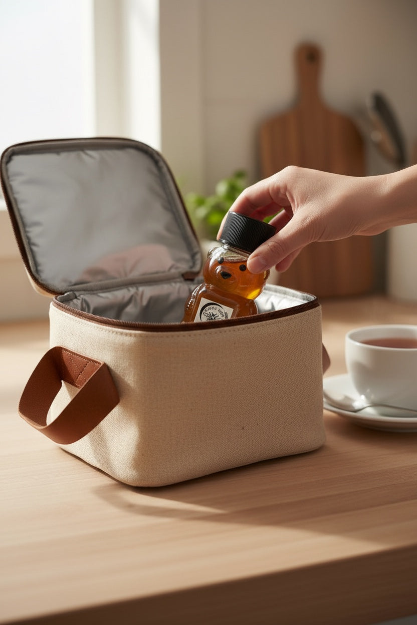 Barley Moon Botanicals 2oz pure raw honey bear being placed into a beige insulated lunch bag on a wooden table