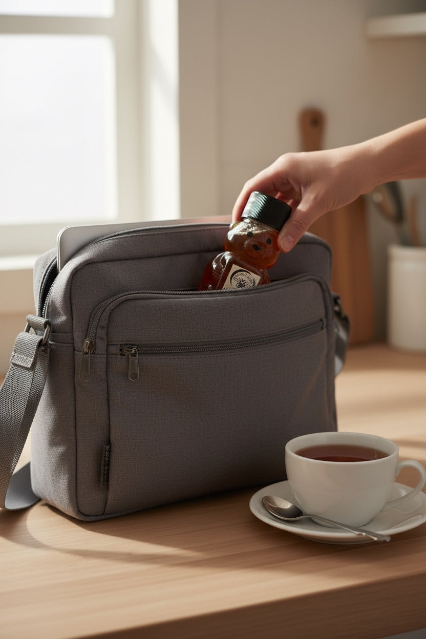 Barley Moon Botanicals 2oz pure raw honey bear being placed into a grey messenger bag next to a cup of tea