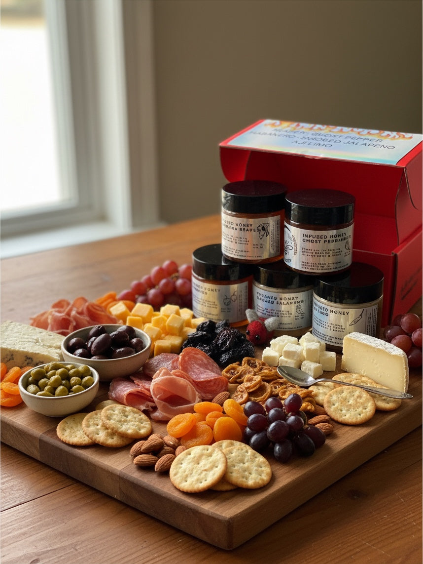 Barley Moon Botanicals Hot Box Honey Flight featuring five spicy honey jars on a charcuterie board with snacks.