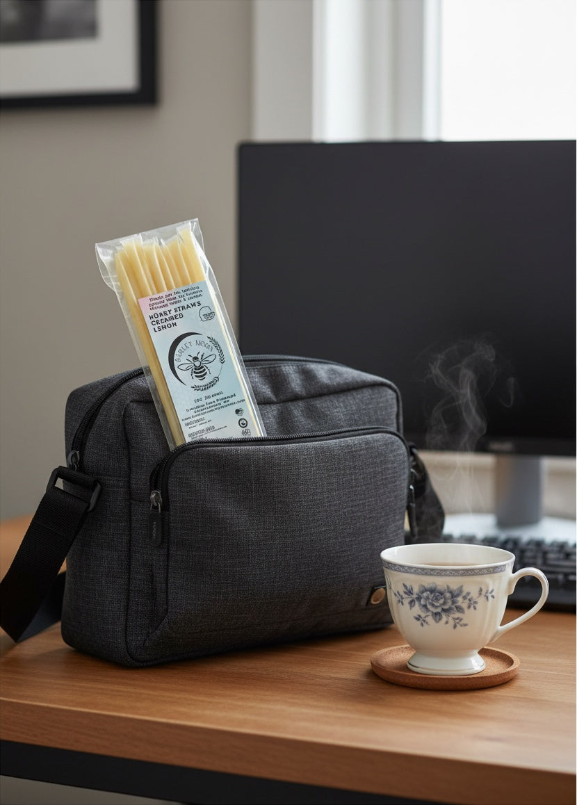 Barley Moon Botanicals lemon creamed honey straws in a pack tucked into a grey messenger bag next to a steaming tea cup