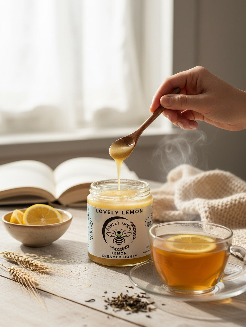 Barley Moon Botanicals Lovely Lemon creamed honey being scooped with a wooden spoon near tea and fresh lemon slices.