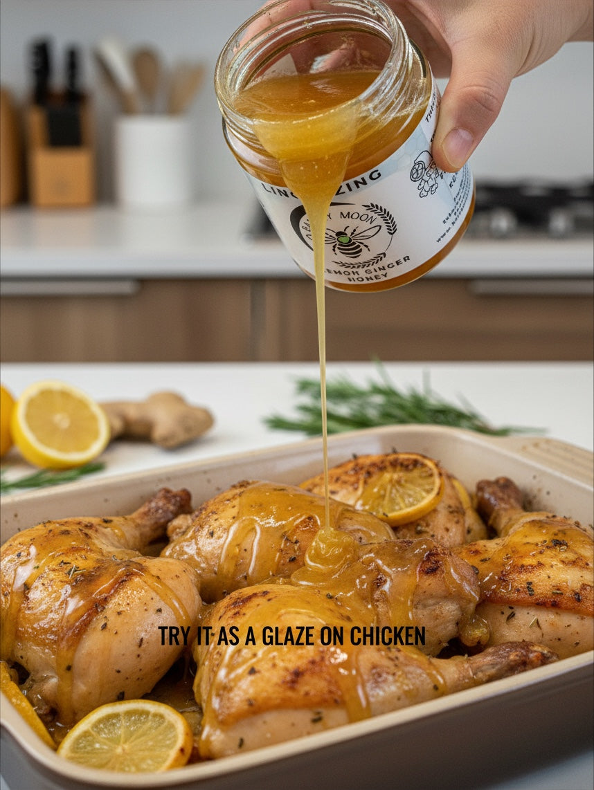 Barley Moon Botanicals Linger Zing lemon ginger honey drizzled as a glaze over roasted chicken in a baking dish