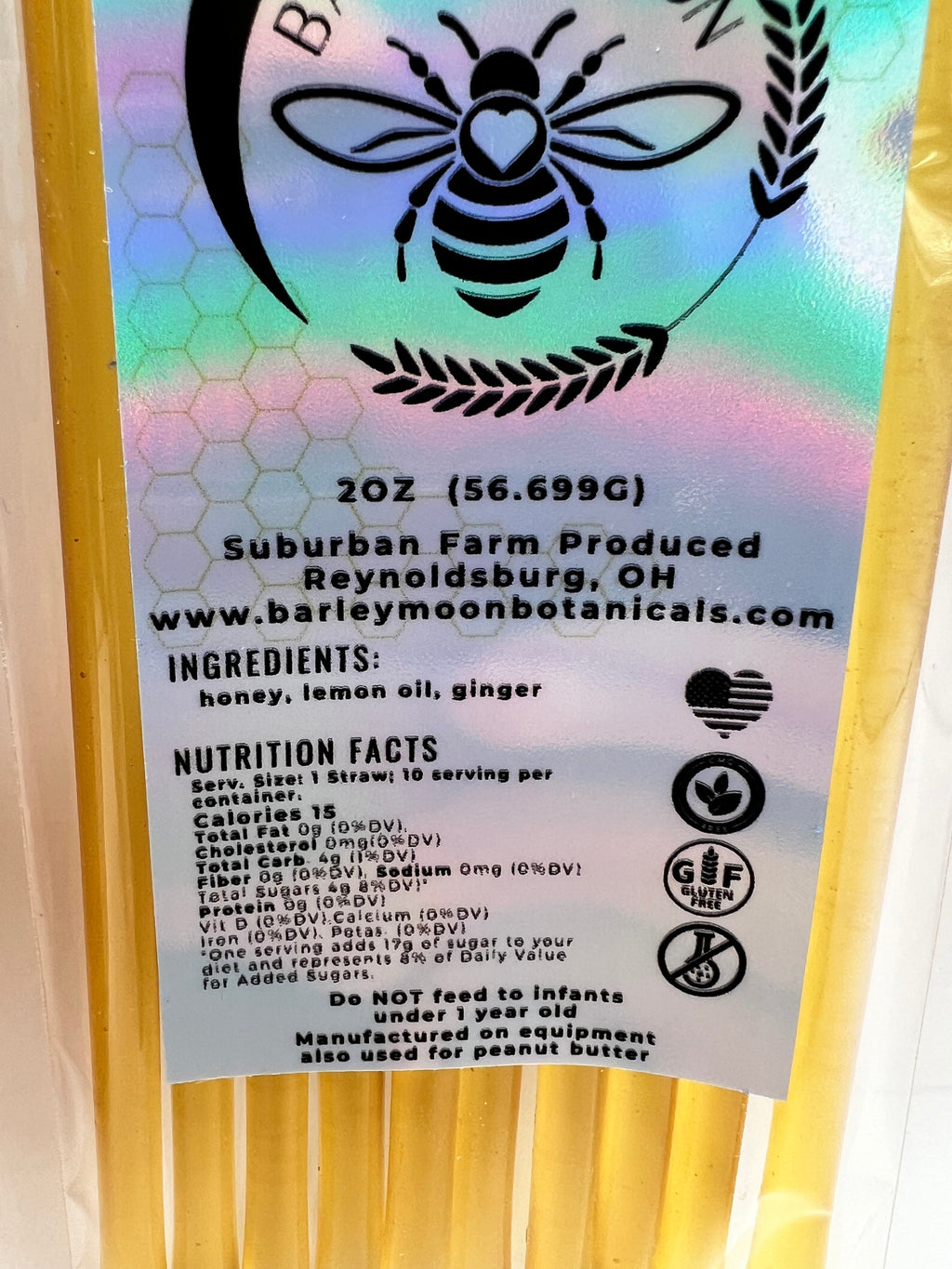 Barley Moon Botanicals Linger Zing honey straw label showing nutrition facts, ingredients, and bee logo
