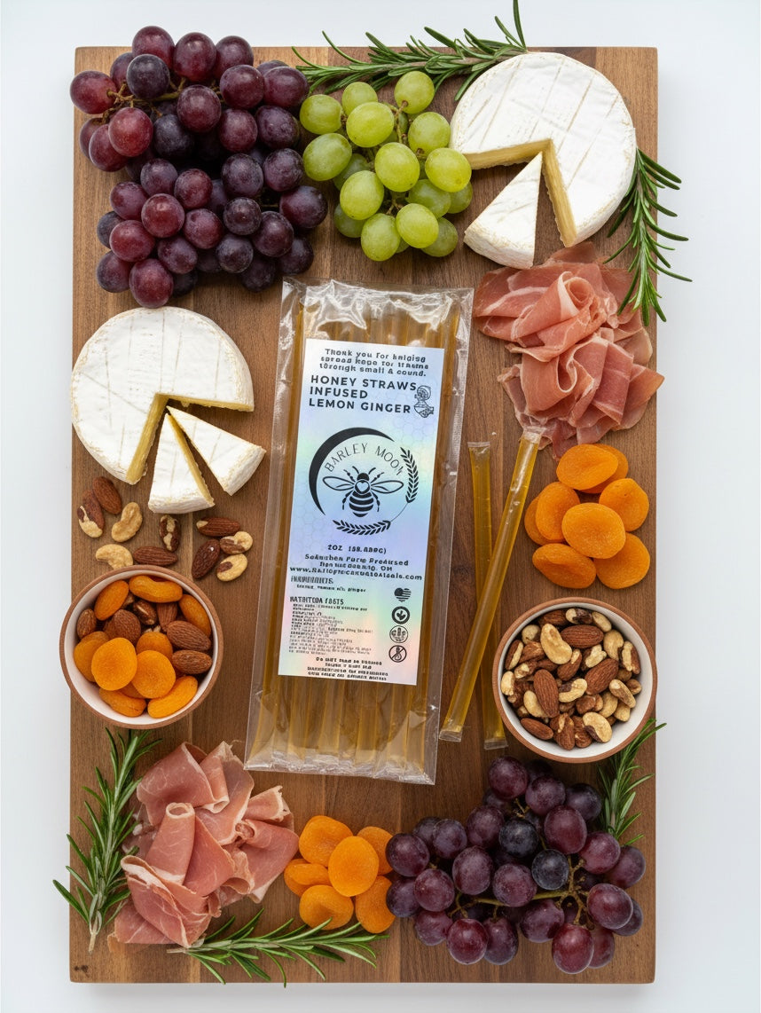 Barley Moon Botanicals Lemon Ginger honey straws on a charcuterie board with cheese, grapes, prosciutto, and nuts.