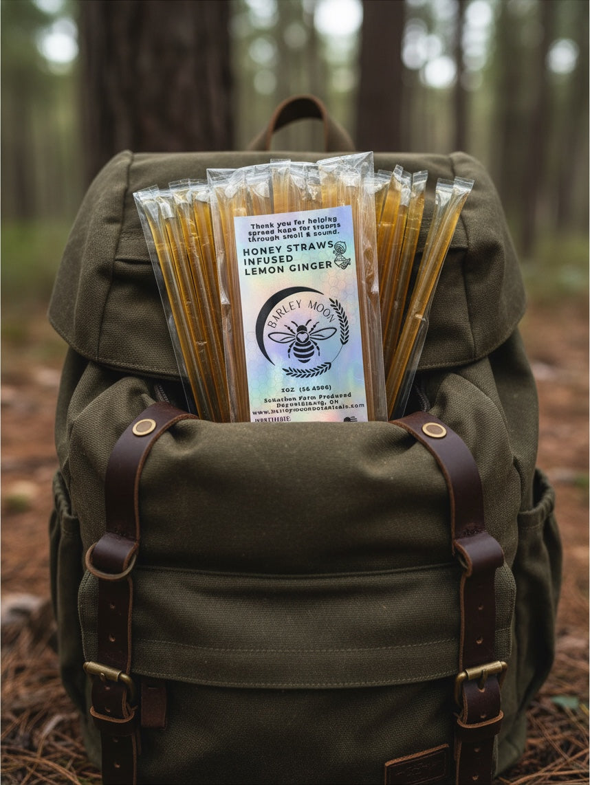 Barley Moon Botanicals lemon ginger honey straws in a clear pack tucked inside a green canvas backpack in a forest.