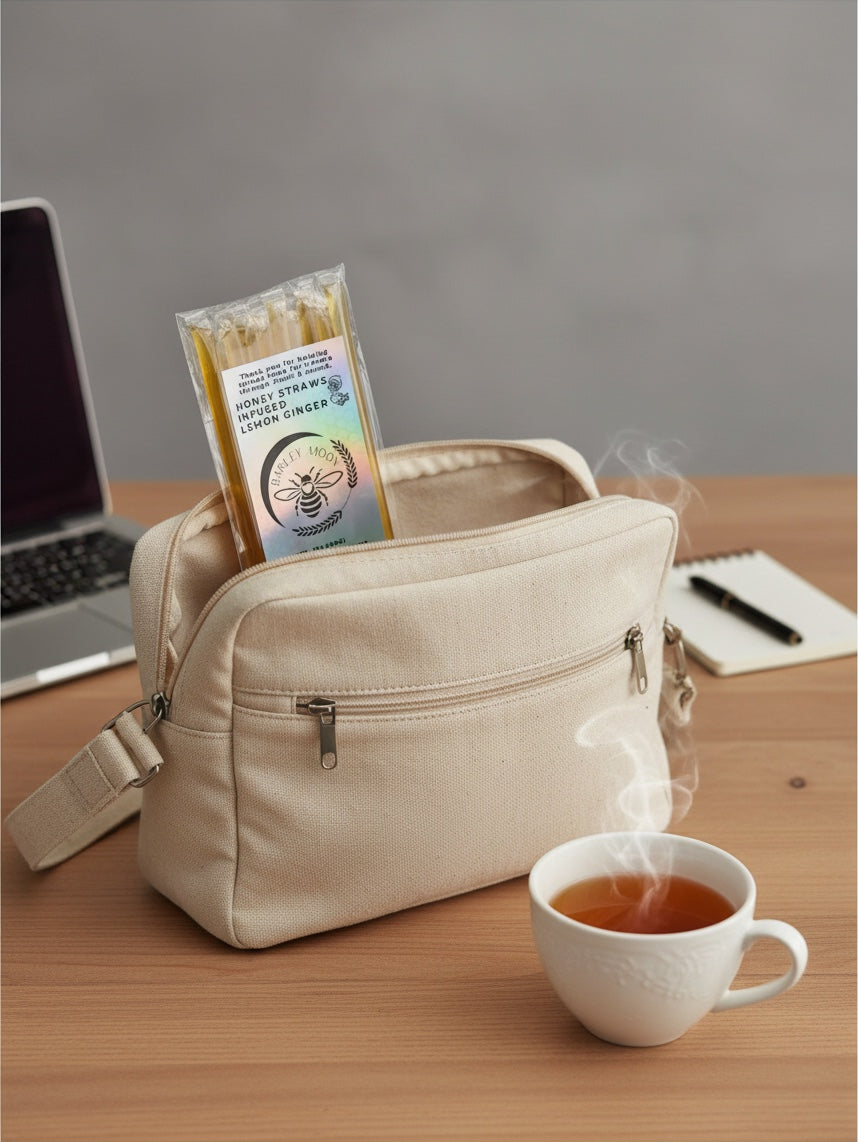 Barley Moon Botanicals lemon ginger honey straws in a canvas bag next to a steaming cup of tea on a desk.