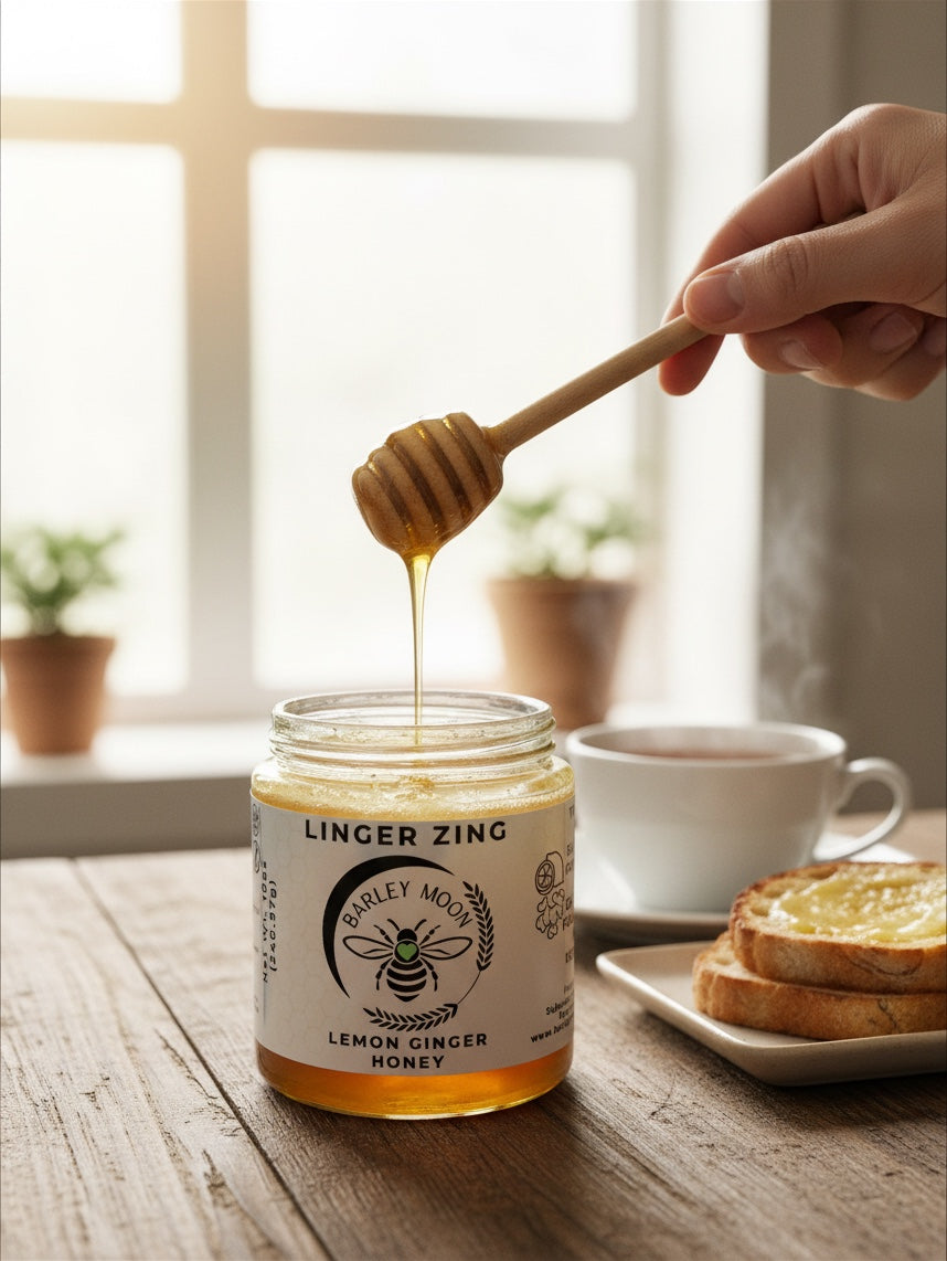 Barley Moon Botanicals Linger Zing lemon ginger honey jar with a wooden dipper drizzling honey over toast and tea.