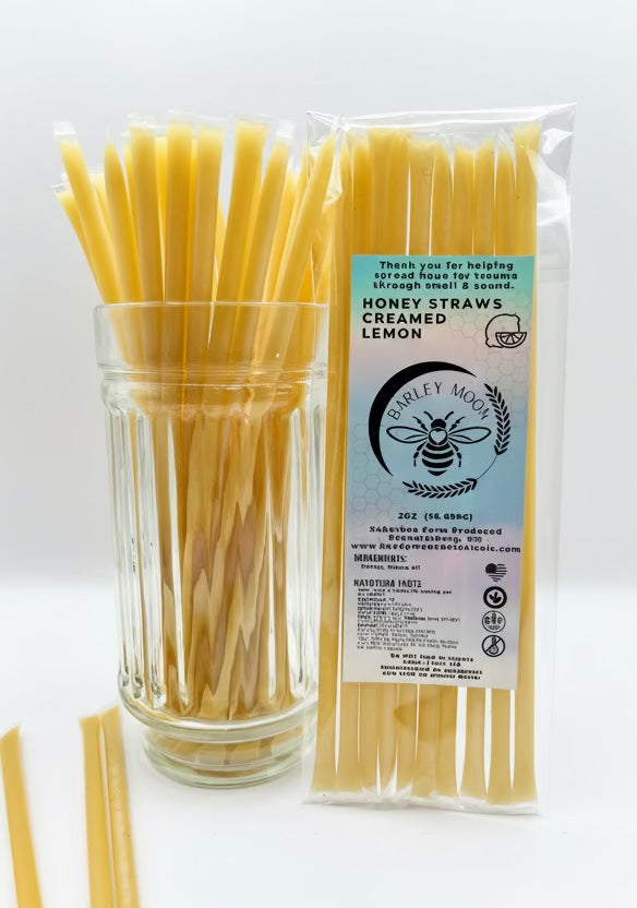 Barley Moon Botanicals lemon creamed honey straws in a clear pack