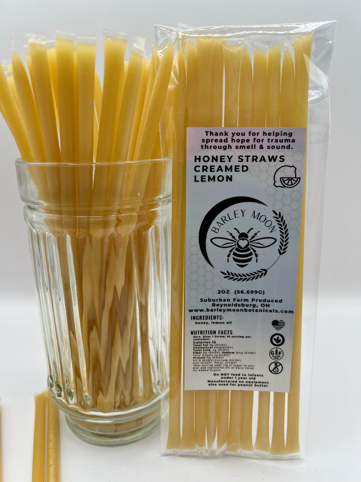 Barley Moon Botanicals lemon creamed honey straws in a clear pack