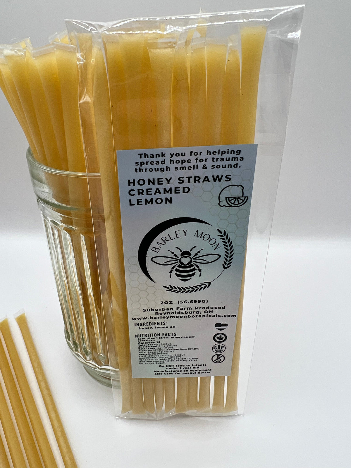Barley Moon Botanicals lemon creamed honey straws in a clear pack