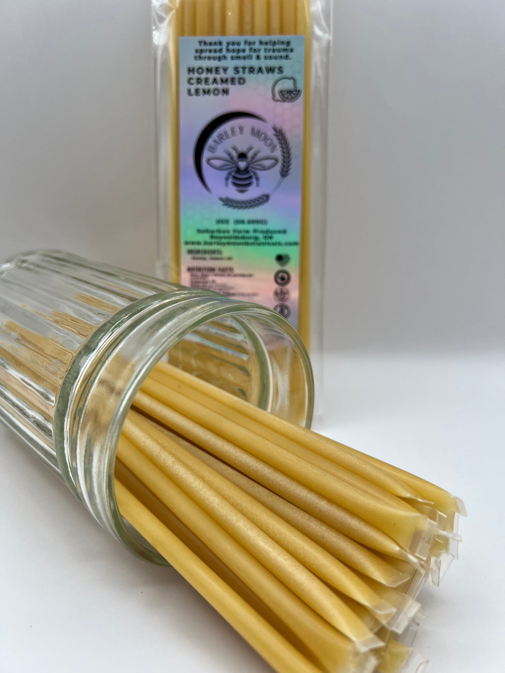 Barley Moon Botanicals lemon creamed honey straws in a clear pack